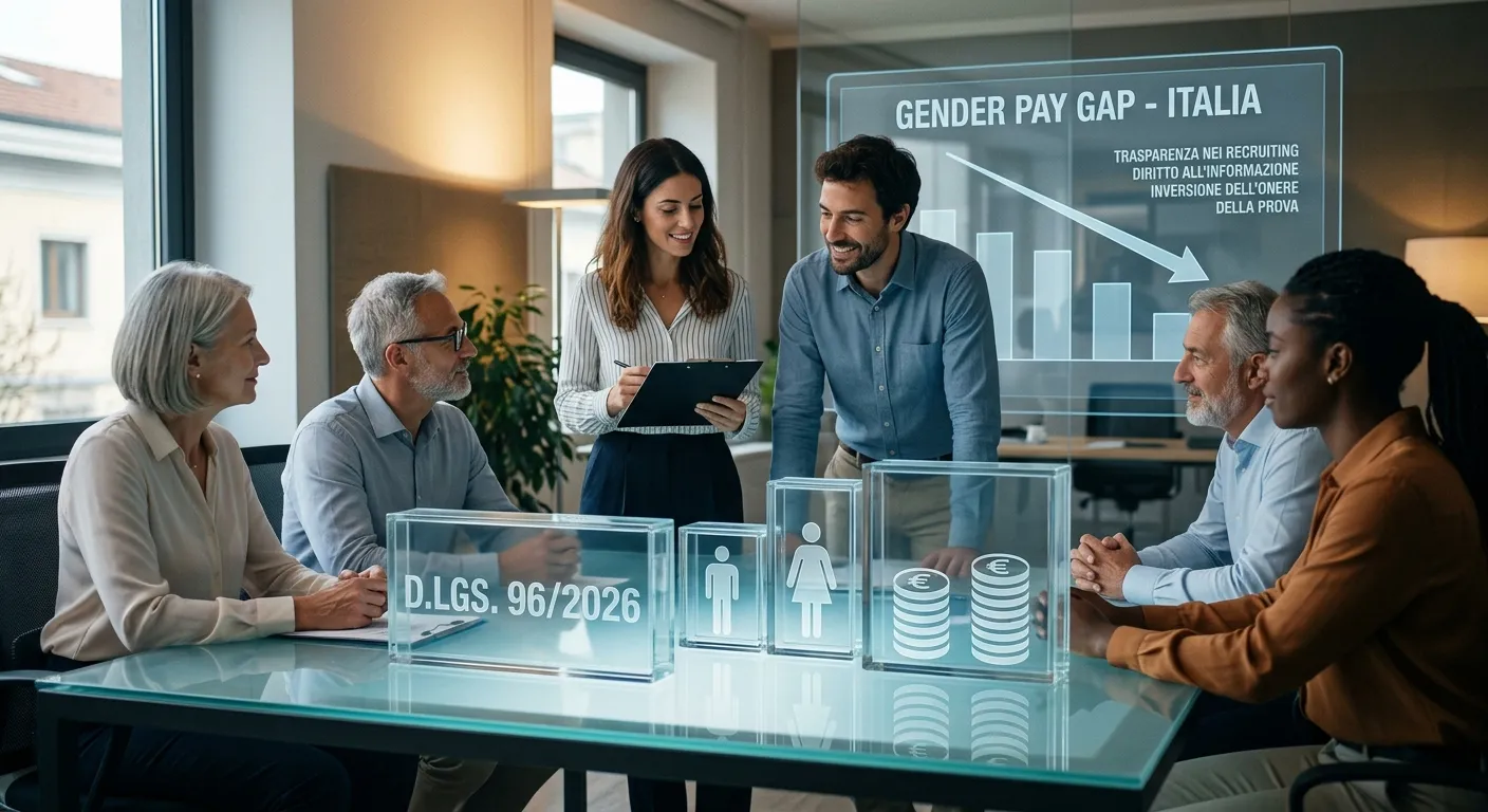 Riunione aziendale sul D.Lgs. 96/2026 e la trasparenza retributiva in Italia per contrastare il gender pay gap.