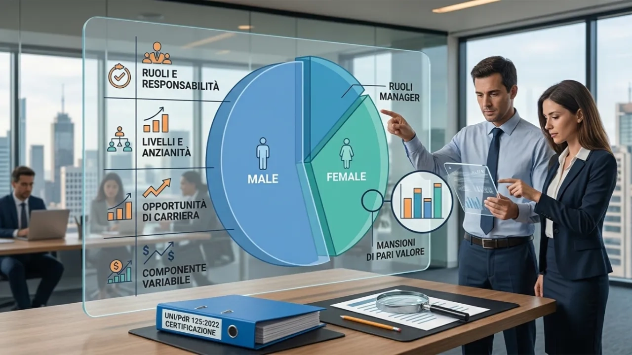 Fotografia realistica di due analisti in un ufficio moderno che consultano un grande display trasparente interattivo. Il display mostra un grafico dettagliato in italiano sul Gender Pay Gap, suddividendo la disparità per 'RUOLI E RESPONSABILITÀ', 'LIVELLI E ANZIANITÀ', 'OPPORTUNITÀ DI CARRIERA' e 'COMPONENTE VARIABILE'.