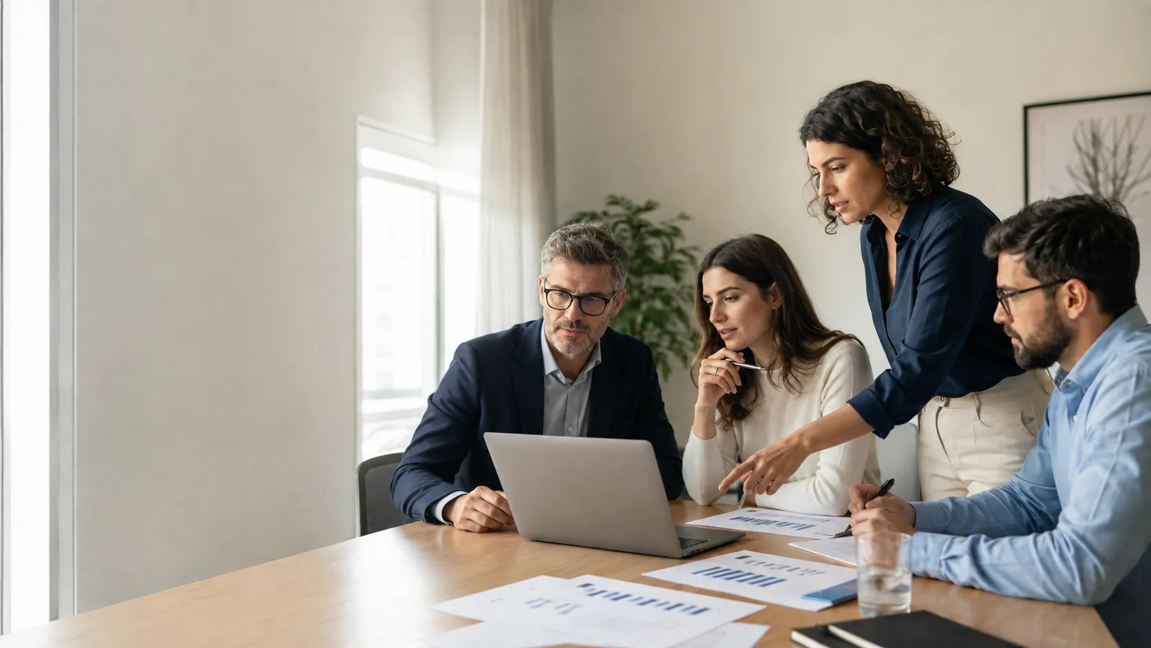 Fotografia realistica di due analisti in un ufficio moderno che consultano un grande display trasparente interattivo. Il display mostra un grafico dettagliato in italiano sul Gender Pay Gap, suddividendo la disparità per 'RUOLI E RESPONSABILITÀ', 'LIVELLI E ANZIANITÀ', 'OPPORTUNITÀ DI CARRIERA' e 'COMPONENTE VARIABILE'.