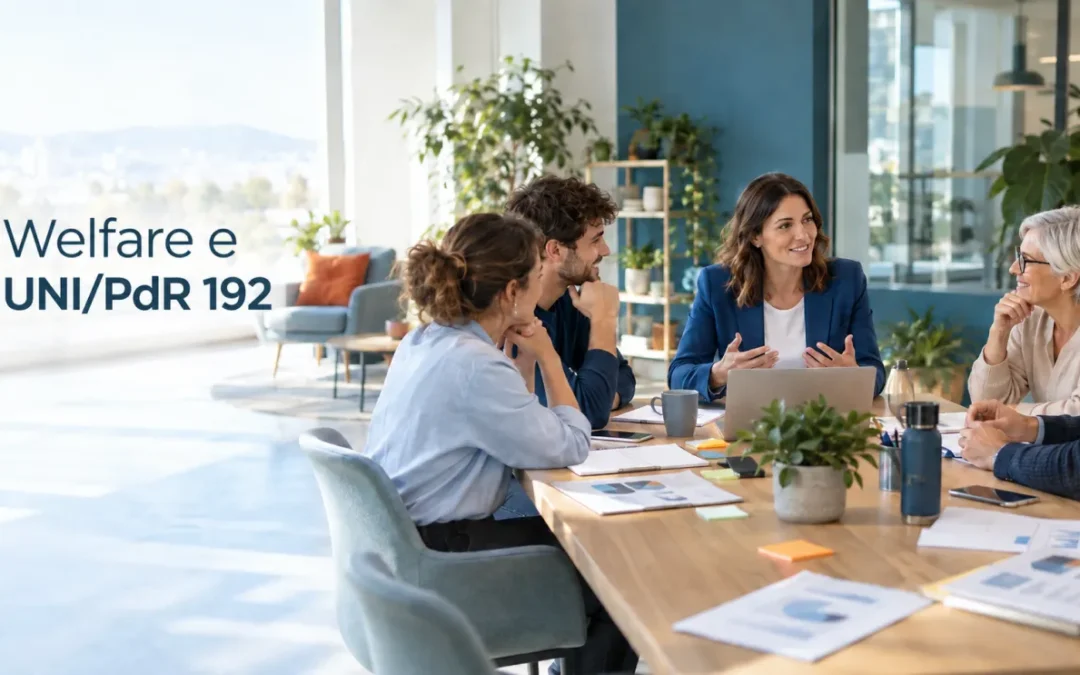 Riunione di lavoro in ufficio dedicata alla pianificazione del welfare aziendale secondo la prassi UNI/PdR 192:2026