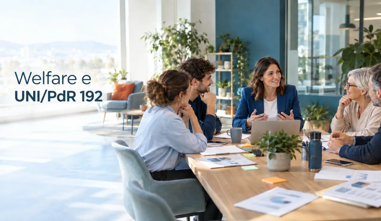 Riunione di lavoro in ufficio dedicata alla pianificazione del welfare aziendale secondo la prassi UNI/PdR 192:2026